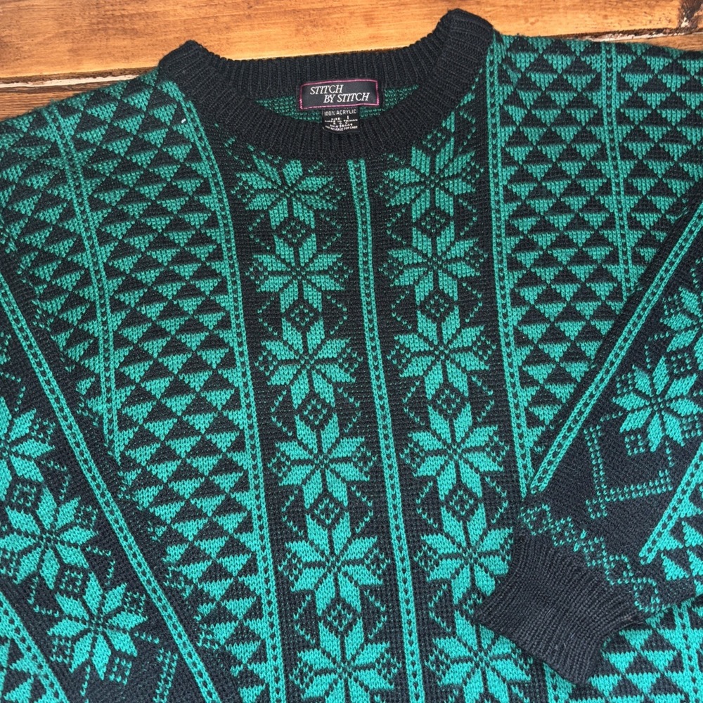 Stitch By Stitch Sweater Womens L Green Black Vintage Nordic Snowflake Geometric